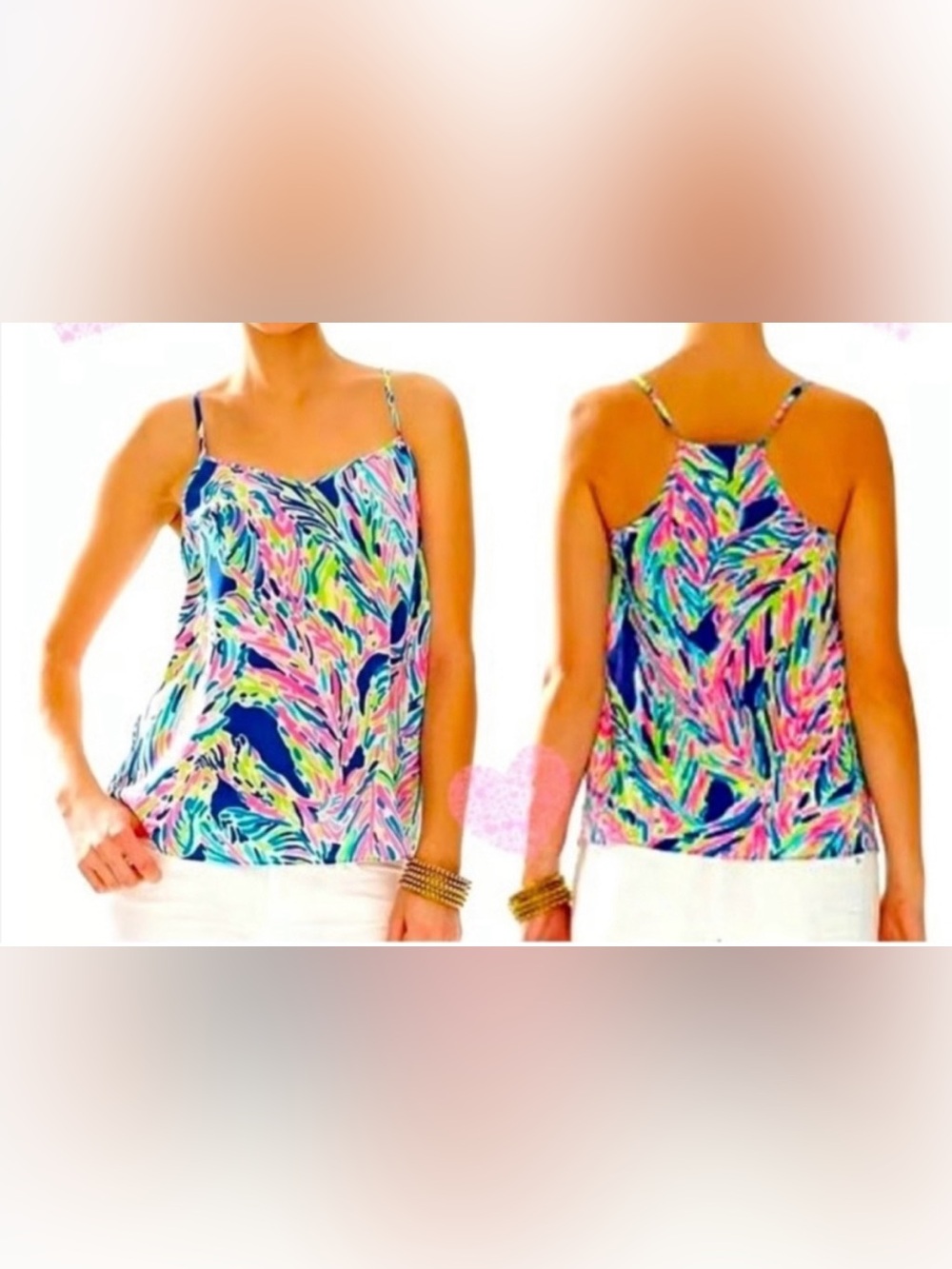 LILLY PULITZER DUSK TOP INDIGO "PALM READER" 100% Silk Tank Top Size XS